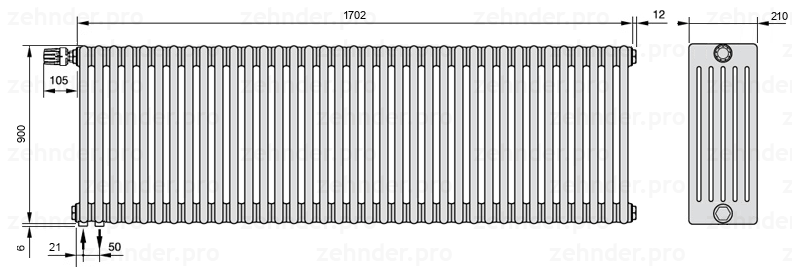 Схема (чертеж) Радиатор Zehnder Charleston 6090/37 №V001 Белый глянцевый RAL 9016